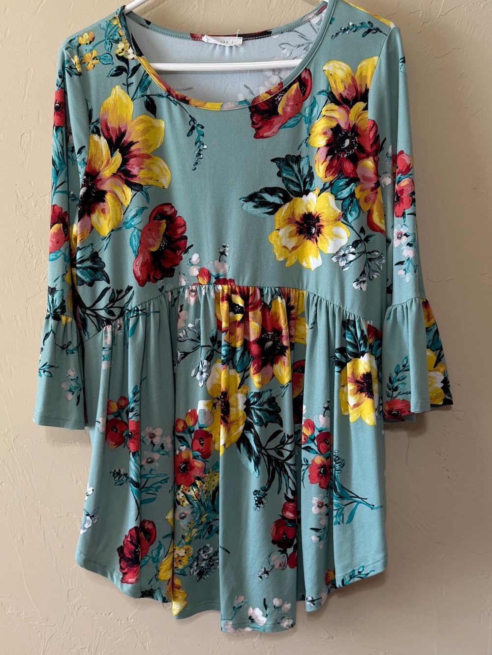 Reborn J Teal Floral Ruffle-Sleeve baby doll top with Yellow & Red Blooms